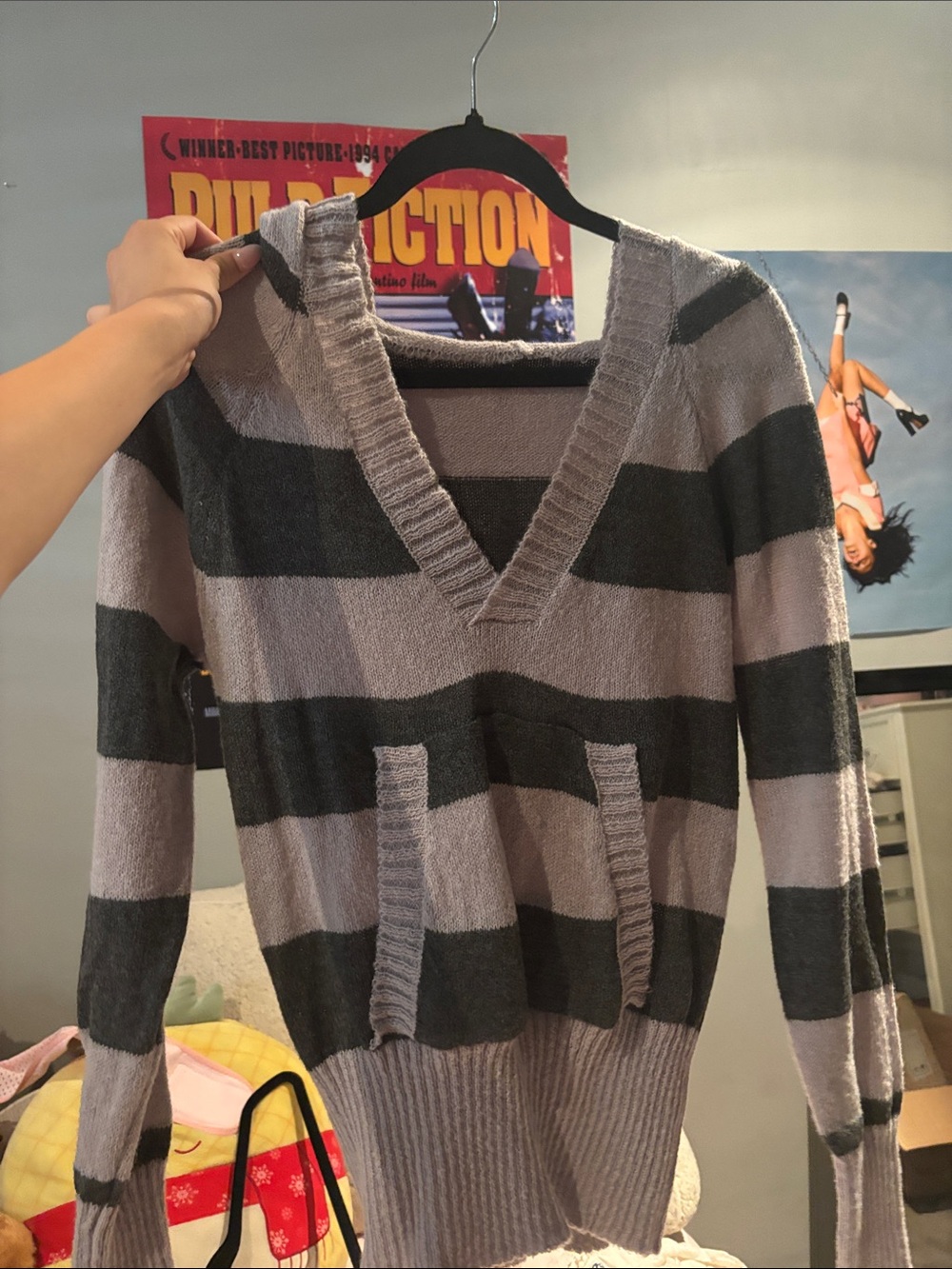 Urban Outfitters Striped V-Neck Pocket Sweater in Light Gray and Charcoal